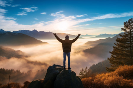 Embracing Nature's Majesty: Triumph of a Sporty Adventurer in Autumn's Serene Mountainscapeの素材