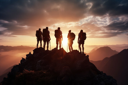 Conquering New Heights: Capturing the Silhouettes of a Dynamic Team on a Majestic Mountain Peak for the Ultimate Sporting Adventure -- AR 3:2の素材