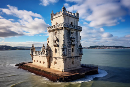The Majestic Torre de BelÃ©m: A Symbolic Landmark of Lisbon's Magnificence, Gracefully Nestled Amidst the Tagus Riverの素材