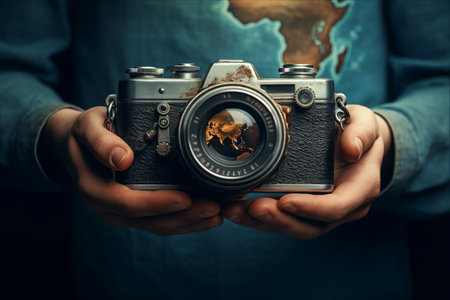 Celebrating World Photography Day with Nostalgic Vintage Cameras: Combining Professional Skills and Passionate Hobby. AI Generated Artwork. --ar 3:2の素材