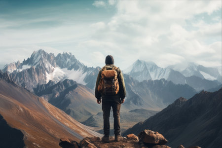 Journey through Majestic Mountains: A Tourist's Adventure with a Backpack - AR 3:2の素材