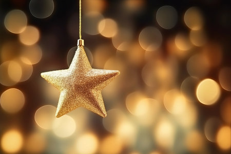 Glimmering Festivities: Hanging Gold Star on Bokeh Background for New Year, Christmas, and Party Celebrationsの素材