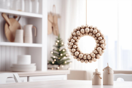 Christmas Magic: A Scandinavian-Inspired Modern Kitchen in Earthy Beige Tones, Adorned with a Charming Wooden Beads Wreathの素材
