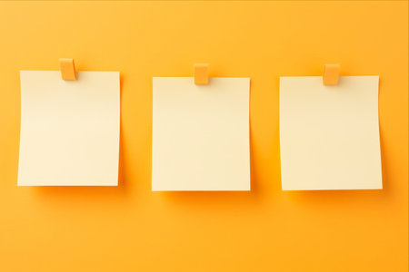 Vibrant Ascending Communication: Three Yellow Sticky Notes on Orange Backgroundの素材