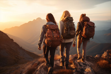 Embracing the Beauty: Three Adventurous Women in the Enchanting Sunset Mountainsの素材