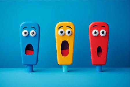 Triple Blast: Commanding Attention with Three Vivid Exclamation Marks on Blue Backgroundの素材