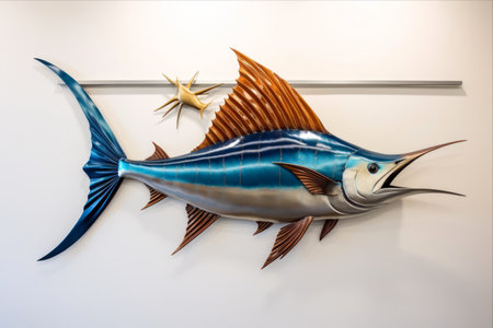 Showcasing the Majestic Trophies: Marlin and Sailfish with Stunning Sail-like Dorsal Fins Gracefully Adorned on a Wall - AR 3:2の素材