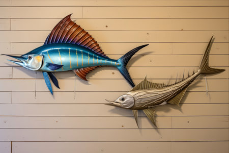 The Prized Catch: Majestic Trophy Fish Marlin and Sailfish With Spectacular Sail-Like Dorsal Fins Gracefully Adorning a Wall - AR 3:2の素材