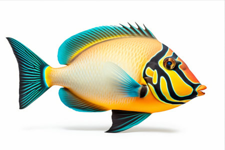 Vibrant and Colorful: Capture the Beauty of the Tropical Coral Fish Picasso Triggerfish (Rhinecanthus aculeatus) on White Background in 3:2 Aspect Ratioの素材