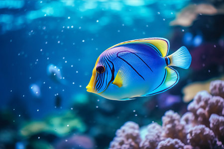 Exquisite Underwater Paradise: Magnificent Blue Tang Gliding through Azure Watersの素材