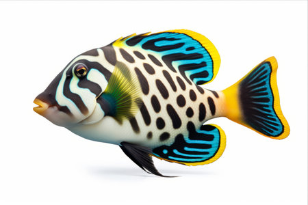 Mesmerizing Beauty: Captivating Clown Triggerfish Isolated Against a White Backgroundの素材