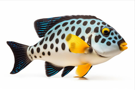 Vibrant Clown Triggerfish: A Captivating Tropical Fish Isolated on White Backgroundの素材