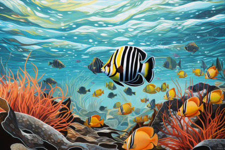 Synchronized Symphony: Tropical Fish Schooling Beneath Ripples of the Surface --ar 3:2の素材