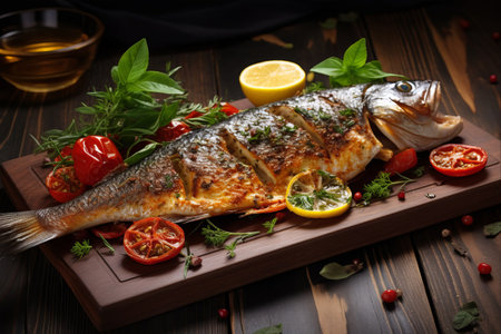 Nurturing Flavors: Delectable Trout Fish Baked with Aromatic Herbs and Spices, Set on a Rustic Wooden Backgroundの素材