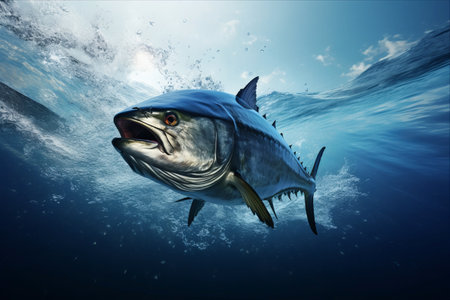 Captivating 3D Render: Invigorating Ocean Action with a Tuna Fish Leaping Out of Water in Full Splendor - AR 3:2の素材