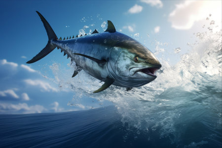 Spectacular 3D Render: A Thrilling Action Shot of a Tuna Fish Leaping Out of the Water with Explosive Splashes!の素材