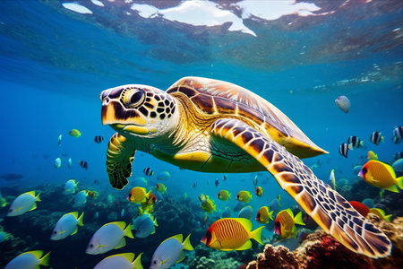 A Vibrant Underwater World: An AI-Generated Image of a Turtle Surrounded by a Group of Colorful Fish and Animalsの素材