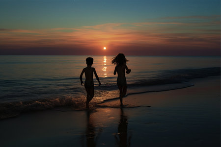 Twilight Bliss: Two Children Racing to the Beach Waters at Duskの素材