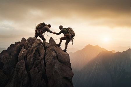 Ascending Together: Uniting Strength and Teamwork on the Precipice of a Mountainの素材