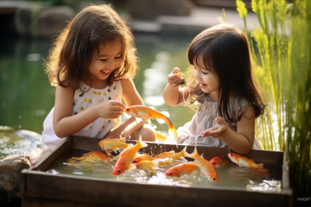 Joyful Asian Little Girls Unite in Feeding and Caring for Pond Fish â AR 3:2の素材