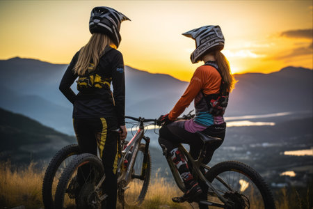 Captivated Conversations: Two Adventurous Females Embrace a Breathtaking Sunset on Mountain Bikesの素材