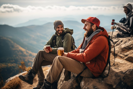 Capturing Memories: Friends Relax and Recharge with Coffee on a Mountain Top Adventureの素材