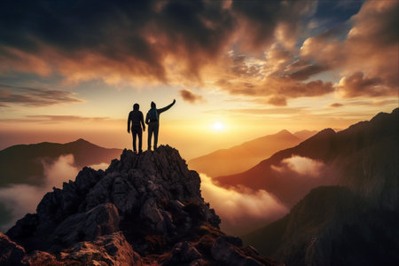 Embracing Nature's Splendor: Silhouetted Hikers Salute the Majestic Mountains at Sunriseの素材