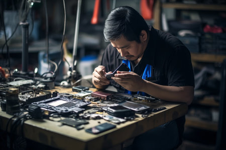 The Skillful Technician: Repairing a Mobile Phone at His Work Tableの素材