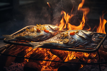 Winter BBQ Delight: Savoring Two Grilled Whole Fish in a Chilly Ambianceの素材