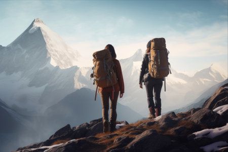 Conquering the Frozen Peaks: Thrilling Winter Trekking Adventure of Two Women Hikers in High Altitude Mountains [AR 3:2]の素材
