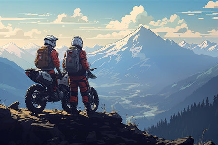 Awed by the Majestic Mountains: Two Young Bikers Gaze in Aweの素材