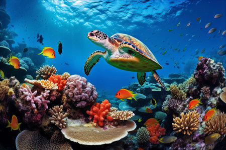 Submerged Paradise: Majestic Coral Reef Landscape beneath the Deep Blue Ocean with Vibrant Marine Wildlife Exploringの素材