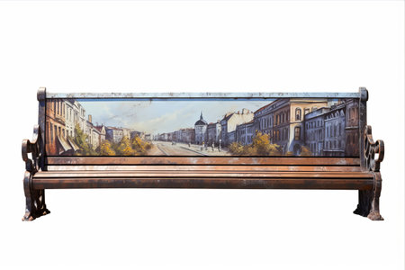 Serenity in a Cityscape: Sleek Side View of an Isolated City Bench Captured on a White Background for Scenic Landscapes. -- AR 3:2の素材