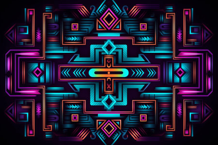 Radiant Aztec Geometric Patterns: A Traditional Ethereal Neon Backgroundの素材