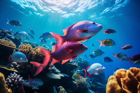 Captivating Capture: A Stunning Underwater Snapshot of a Vibrant Parrot Fish School Amidst a Coral Reef --ar 3:2の素材