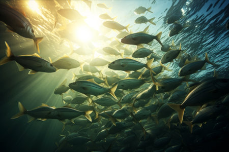 Submerging into Splendour: Capturing the Enchanting Art of Sunlit Fish School Through Underwater Photographyの素材