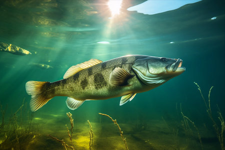 Captivating Close-Up: A Stunning Underwater Shot of the Largemouth Bass in its Natural Habitatの素材