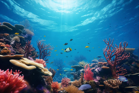 Exploring the Vibrant Underwater World: A Captivating Coral Reef with Thriving Fish Communities in Crystal Clear Ocean Waters [AR 3:2]の素材