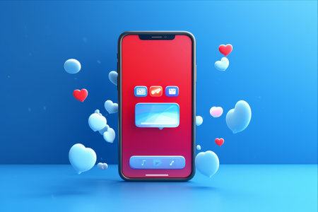 Creative 3D Hand Holding Mobile Phone: Engaging Messages and Online Quiz-Icon on Blue Backgroundの素材