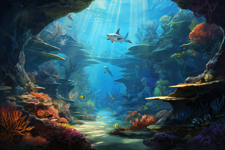 Diving into the Vibrant Depths: Exploring an Enchanting Underwater Scene with Coral Reef, Fish Groups, and Majestic Sharks in Stunning 3:2 Aspect Ratioの素材