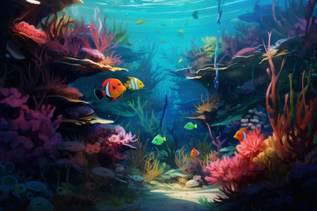 Wonders of the Subaquatic Realm: A Vibrant Display of Colorful Fishes in a 3:2 Underwater Sceneの素材