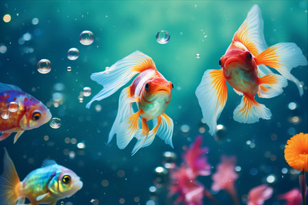 Vibrant Underwater Wonderland: Collage of Colorful Fish, Bubbles, and an Aquatic Goldfish in Turquoise Aquariumの素材
