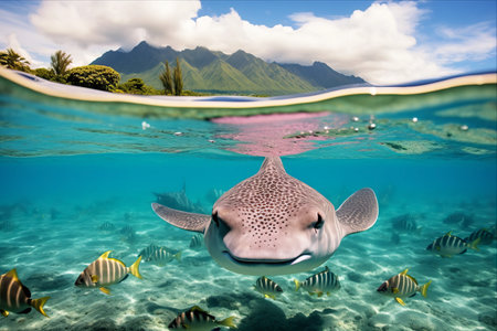 Majestic Marine Encounter: Stingray, Fish, and Sharks in the Vibrant Waters of Tahiti, French Polynesiaの素材