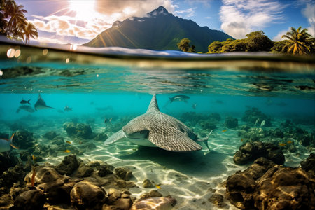 A Mesmerizing Underwater Encounter: Stingray, Fish, and Sharks in the Vibrant Waters of Tahiti, French Polynesiaの素材