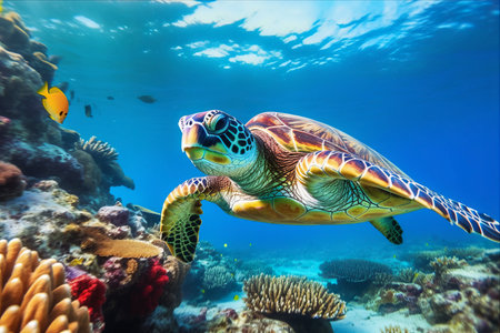 A Breathtaking Encounter: A Turtle's Graceful Journey Through a Vibrant Coral Wonderland in Crystal Clear Watersの素材