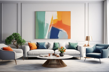Harmonious Fusion: A Vibrant and Refreshing Minimalist Living Room with Blue, Green, and Orange Elements --AR 3:2の素材
