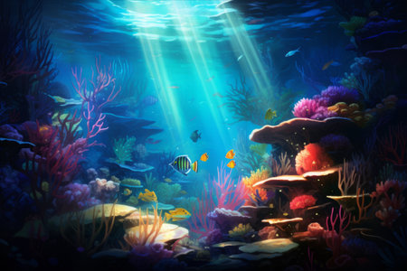 Marvelous World Underwater: A Kaleidoscope of Vibrant Fish, Coral, and Radiant Lightの素材