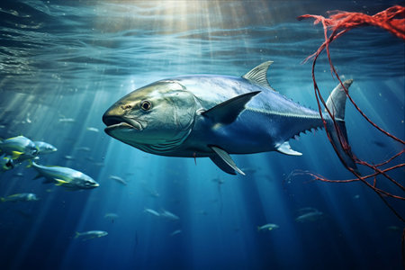 Captivating Underwater Encounter: Majestic Tuna Fish Amidst a Fishing Net - AR 3:2の素材