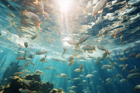 Immersive Exploration: Captivating Underwater World with a Vibrant School of Fish in Crystal Clear Ocean Watersの素材