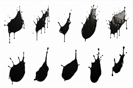 Captivating Black Paint Splashes: A Stunning Collection of Falling, Pouring, and Spraying Drops and Droplets in 3:2 Aspect Ratioの素材